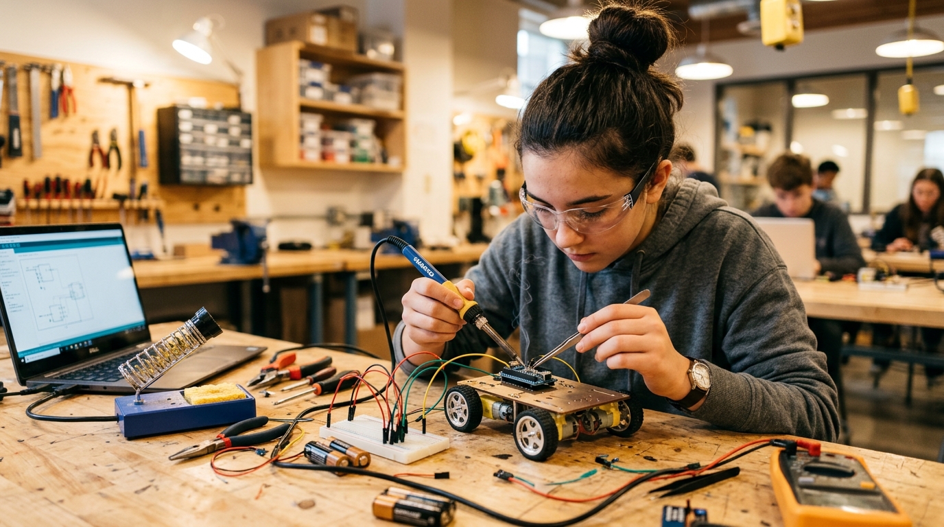 Student soldering and wiring rover microcontroller